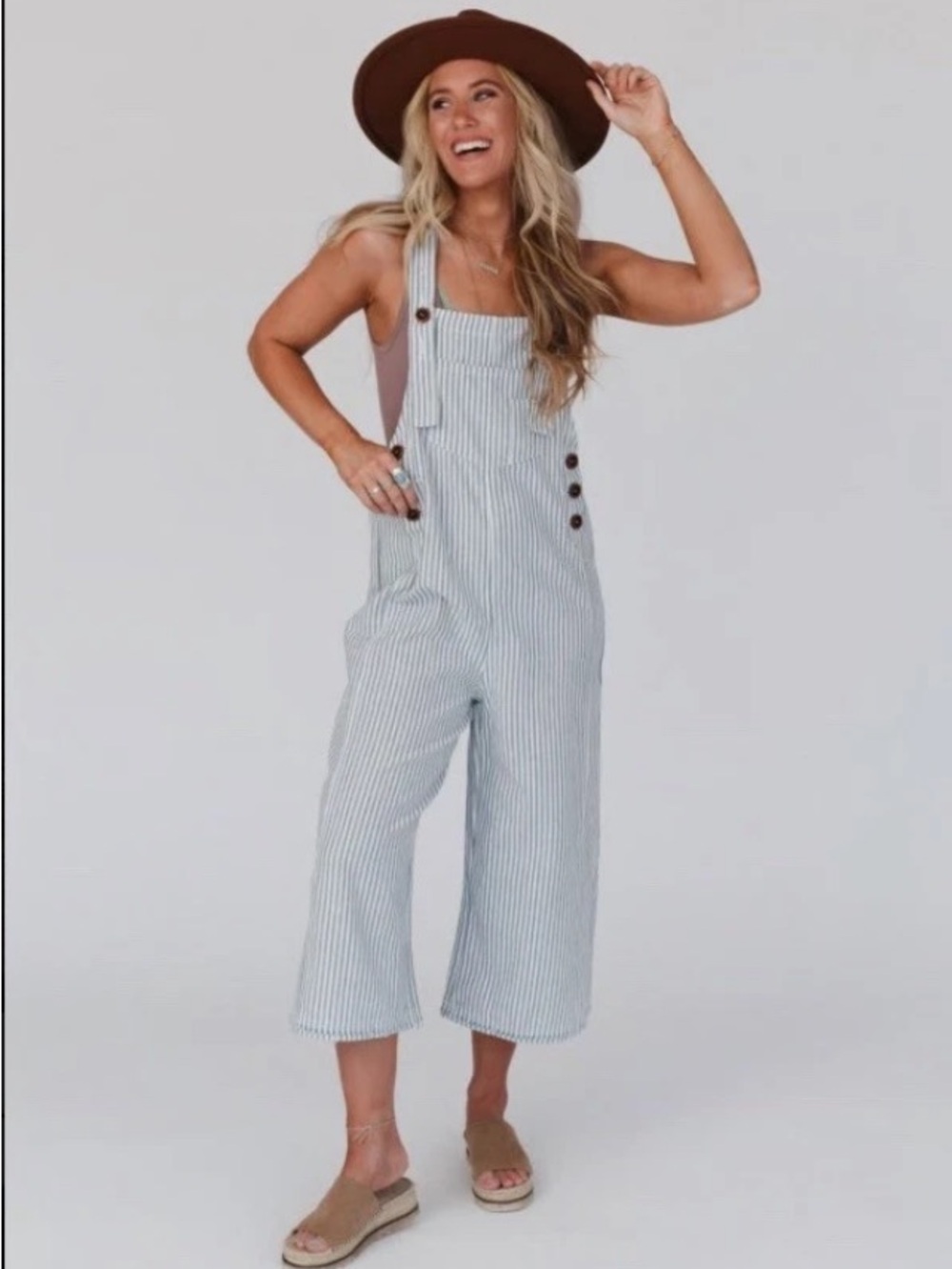Three Bird Nest L High Hopes Cropped Wide Leg Denim Striped Overalls Tan & White - Picture 6 of 12